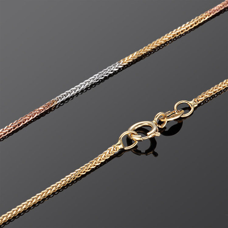 18K Whie Rose Yellow Three Tone Gold Wheat Chain Necklace for Women (NG017)