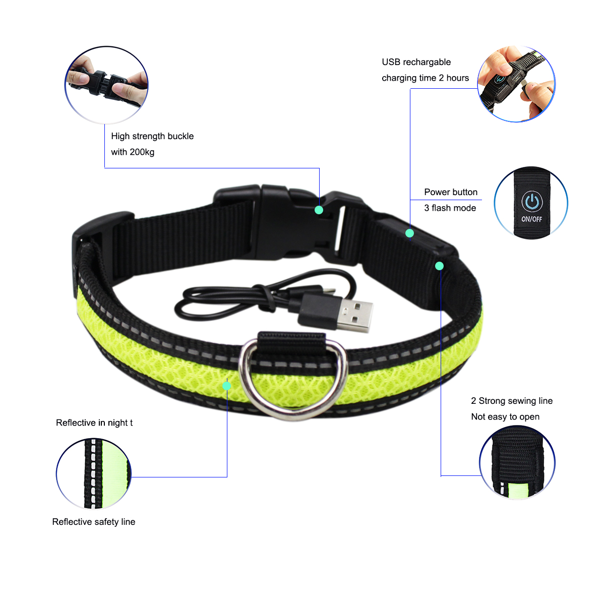 C910 New Pet Product Customs Iluminous Nylon Printed Flashing LED Usb Rechargeable Light Up Led Dog Collar