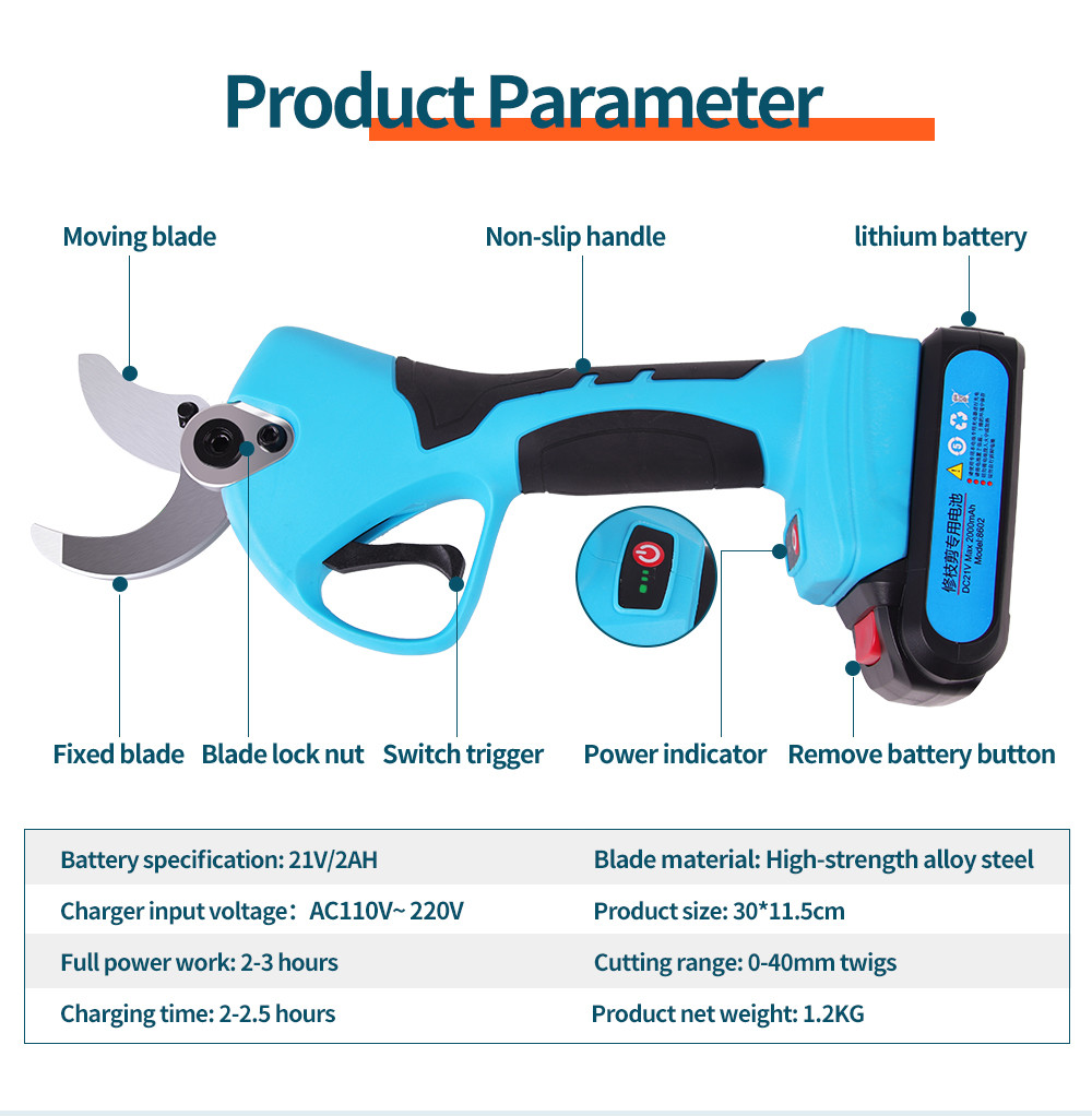 40mm Cordless Electric Pruning Shears With Progressive Finger Protection Function