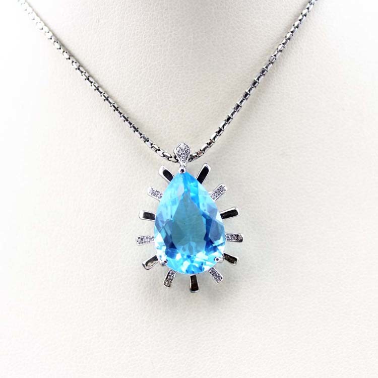 925 Sterling Silver 12mmx18mm Drop Shape Blue Topaz CZ Diamonds Pendant with Chain Necklace (PSJ0217)