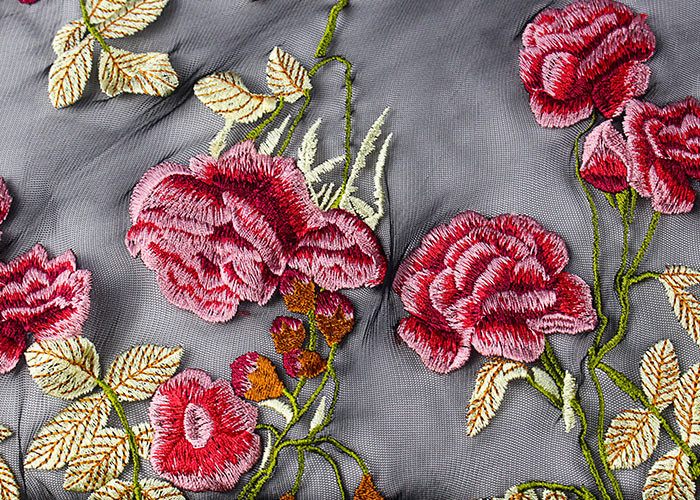Colorful Embroidered Lace Fabrics , Multi Color Floral Blossom Lace Mesh Fabrics