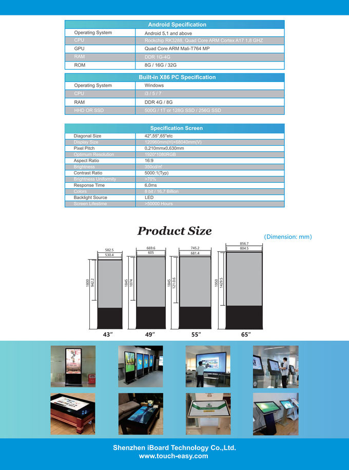 16 9 Touch Screen Kiosk , 3840x2160 Floor Standing Digital Signage