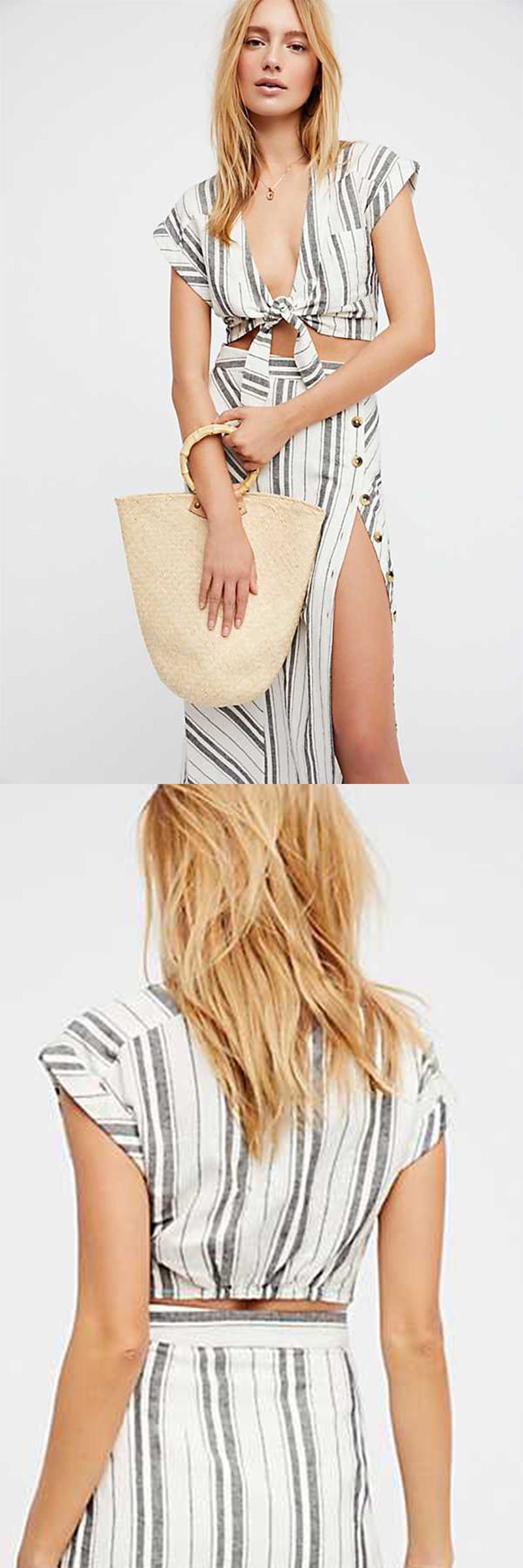 2018 Summer Clothing Deep V Neck With Split Striped Boho Dress For Women