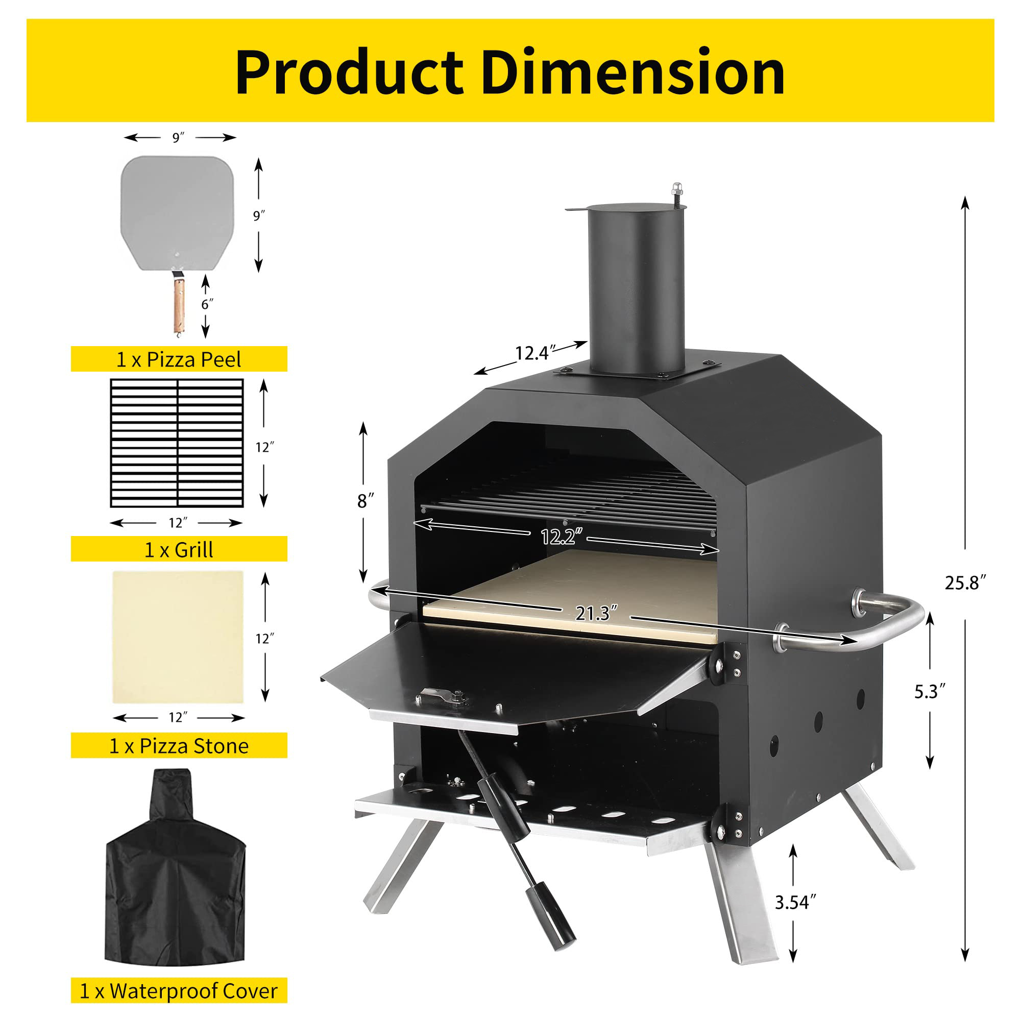 Waterproof Cover Custom Logo 12" Camping Outdoor Baking 2 Pizzas Chicken Charcoal Pizza Oven with Chimney Lid Peel Stone