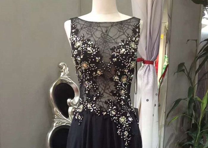 Sleeveless Black A Line Ball Gown Top Lace Yellow Beading See Through Back