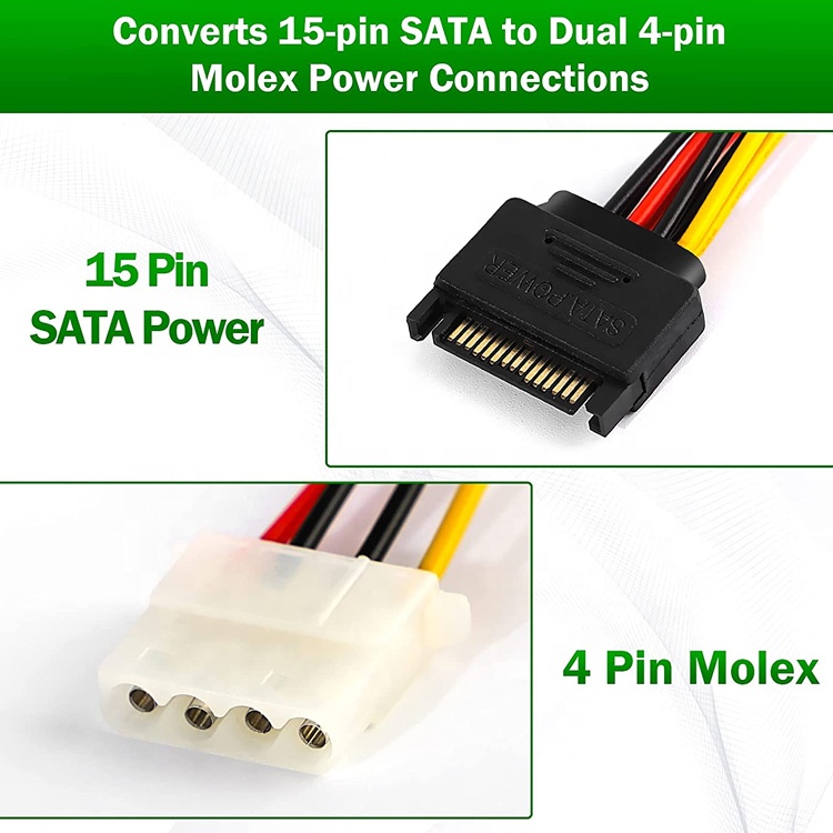 Sata 15 Pin Male to Dual Molex 4 Pin Lp4 IDE Female Hard Drive Power Y Adapter Converter Cable for HDD SSD