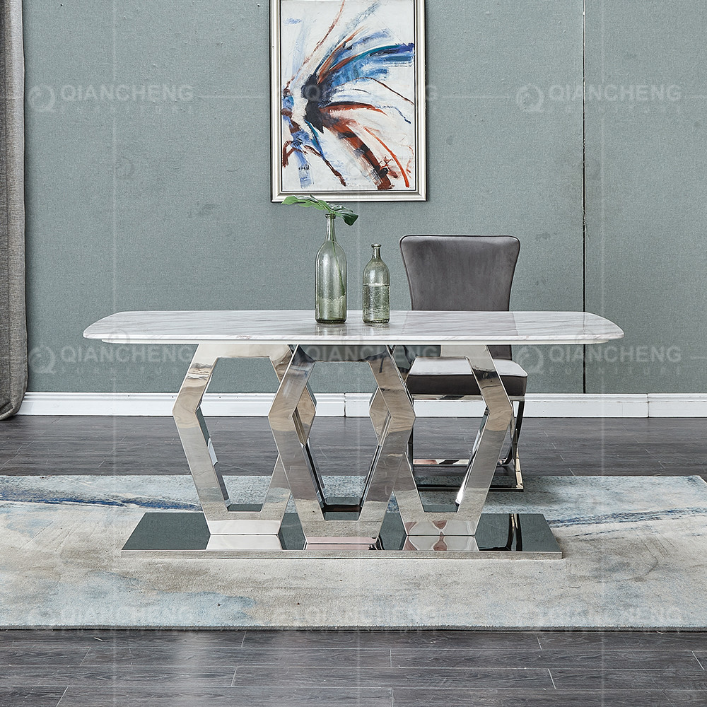 Geometric Form 12mm Metal Frame Glass Top Dining Table 200cm Glass Dining Table