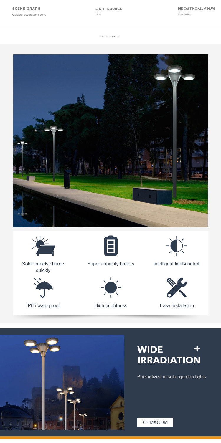 20w 30w 40w High Pole Led Solar Lights Outdoor Waterproof With Polycrystalline Solar Panel