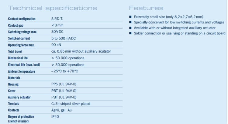 TXQ1-S10 Micro HCH switch SPDT 30VDC 90cN Operating Force