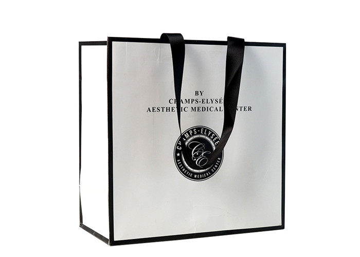 White Black Ribbon Custom Logo Printed Bags , Personalized Shopping Bags For Business