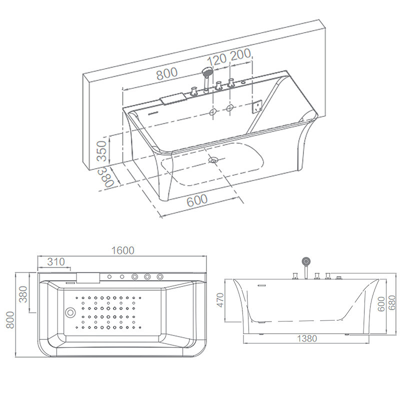 Acrylic Freestanding Spa Bathtubs 140L 200W for Hotel Bathroom