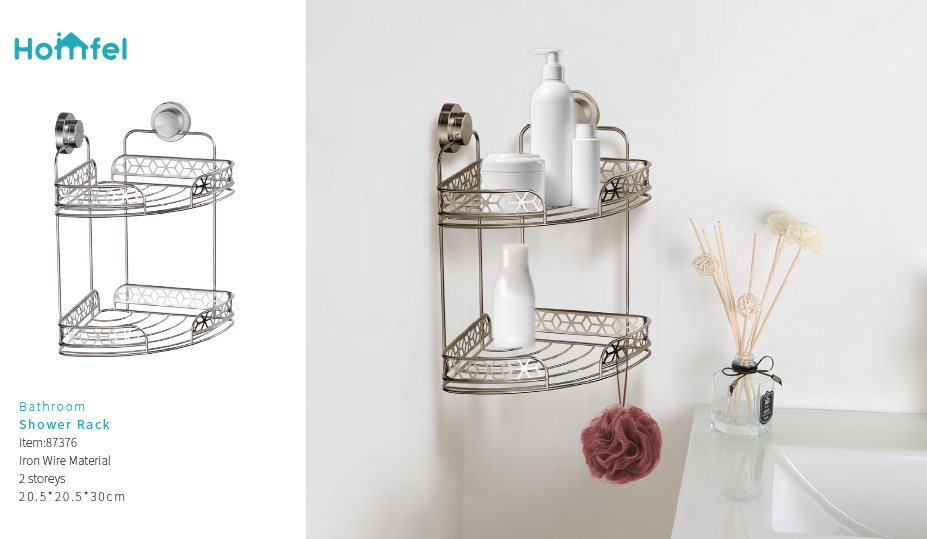Chrome Finished Corner Shower Caddy with 2 Tiers Bathroom Iron Rack Wall Mounted Type