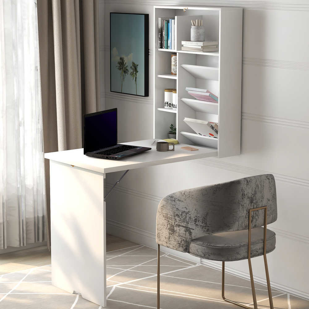 White 59“H 6.2“D Folding Home Office Computer Table With Shelves