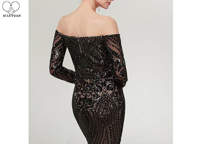 Black Sequins Mermaid Style Prom Dress / Sparkly Long Sleeve Ball Gown Small Tail