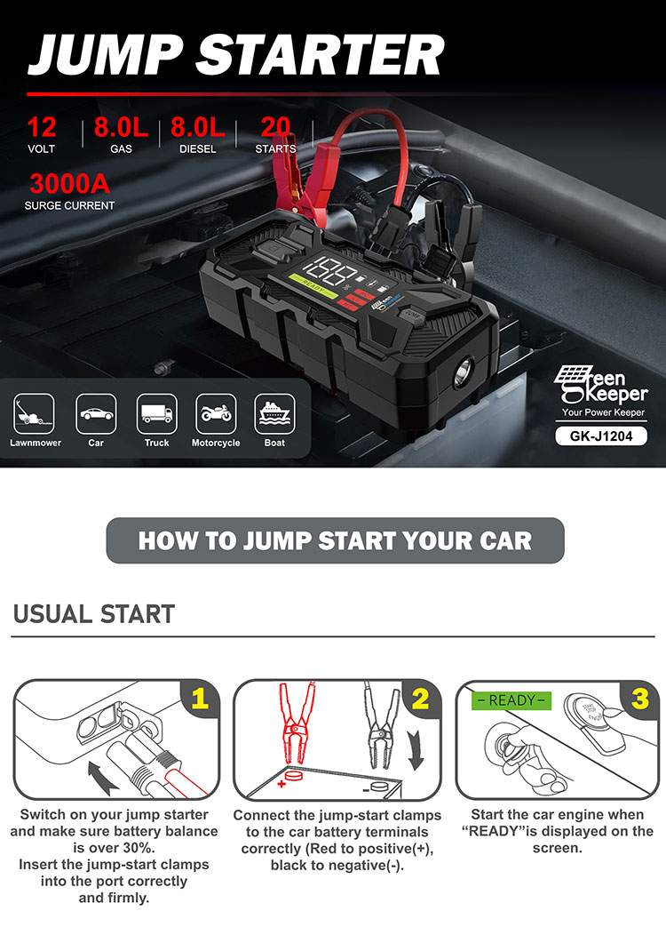 Green Keeper 3000A Fit Extreme Temperatures Car Battery Charger Jump Starter For Cars