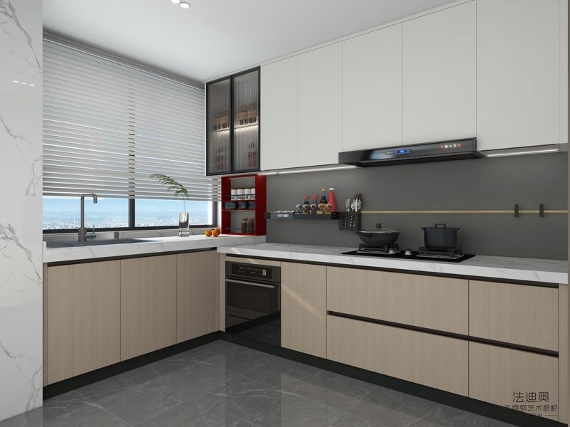 Modern U-Shaped Wood Grain Stainless Steel Kitchen Cabinet With Vibrant Red Open Shelf