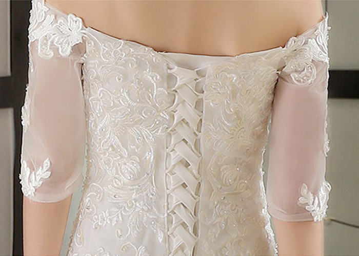 Half Sleeve Ivory Lace Mermaid Wedding Dress Beading Off Shoulder Back Bandage