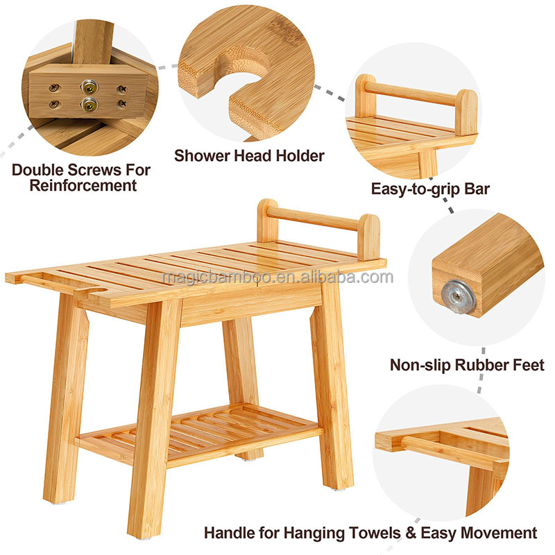 Eco-friendly 2-Tier Bamboo Shower Bench with Storage Shelf Natural Bamboo Color Spa Stool