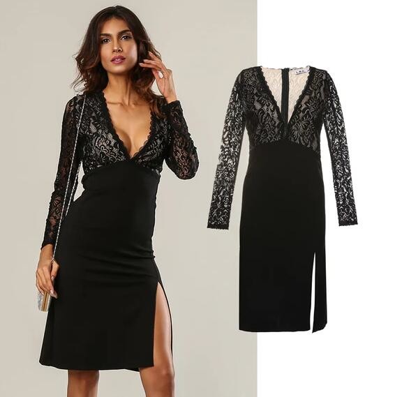 2019 New Fahion Sexy Dress Lace Dress with Deep V-Neck
