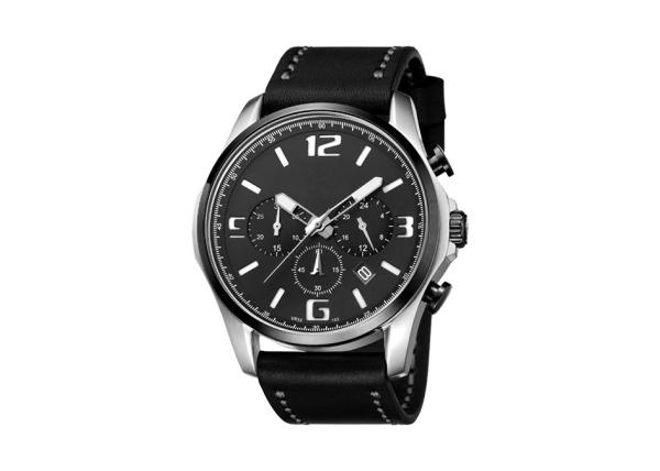 Waterproof Black Chronograph Watch , Mens Chronograph Watches Leather Band Big
