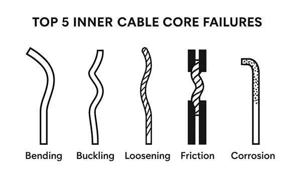 Technical diagram showing 5 failure modes of flexible wire rope cores in control cables, with examples of fatigue, kinking, unraveling, heating, and rust.