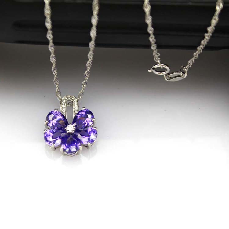Women Jewelry Purple Cubic Zircon Flower Pendant Necklace (PSJ0223)