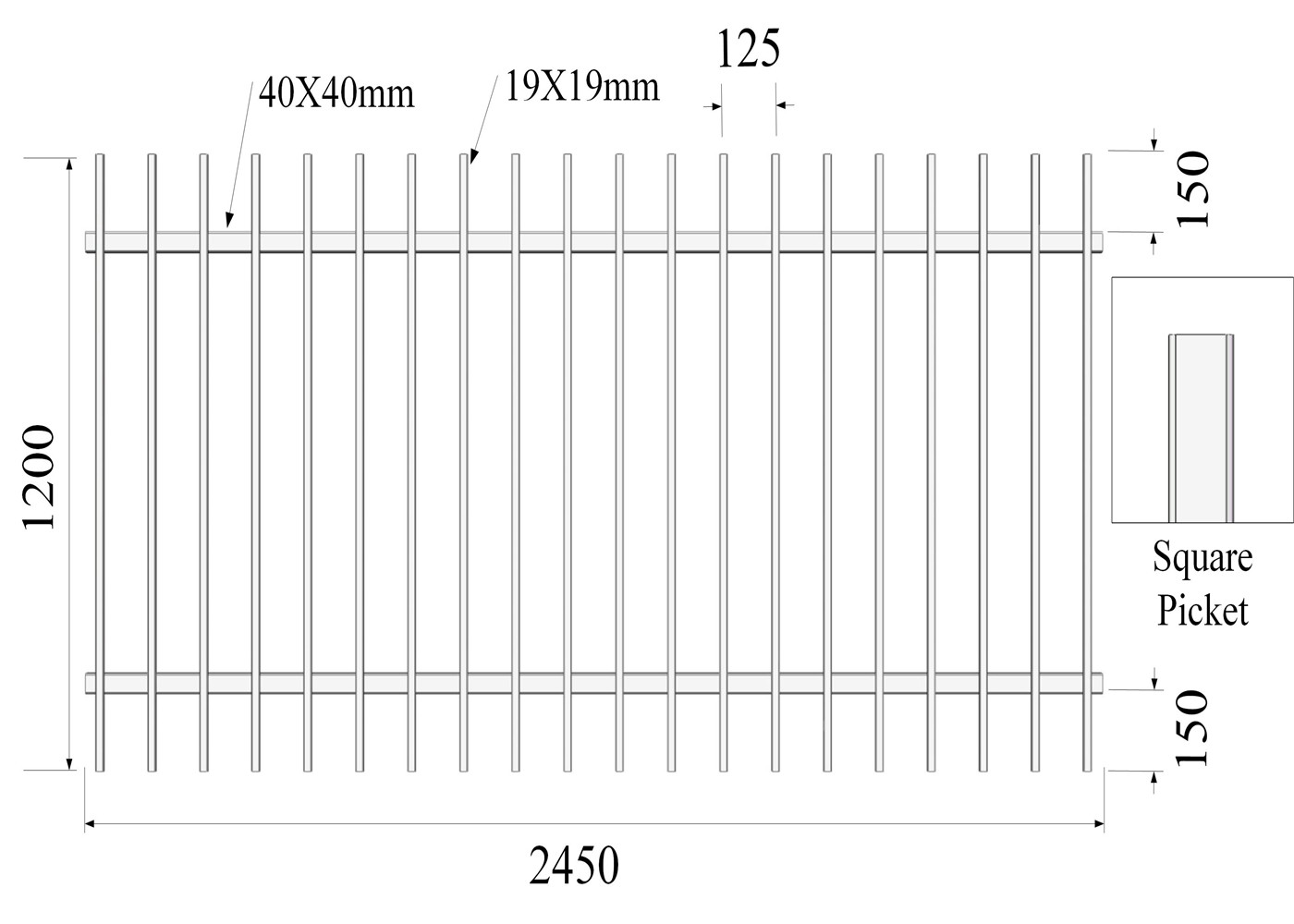 Hercules Fenbcing Panels Height 1200mm x Width 2450mm 2 Rails 40mm Upright 19mm Square Picket