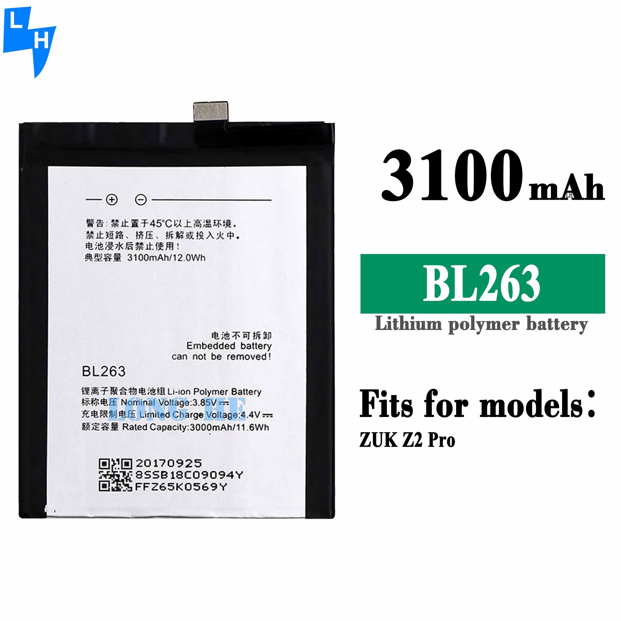 BL263 3.85V 3100mAh Rechargeable Battery for Lenovo ZUK Z2 Pro Guaranteed Performance