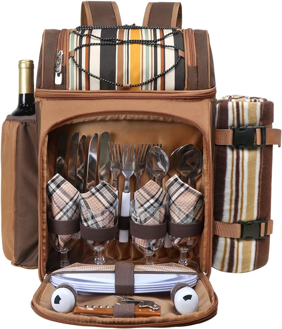 Hap Tim Picnic Backpack Cooler for 4 Person with Insulated Leakproof Cooler Bag, Wine Holder, Fleece Blanket,