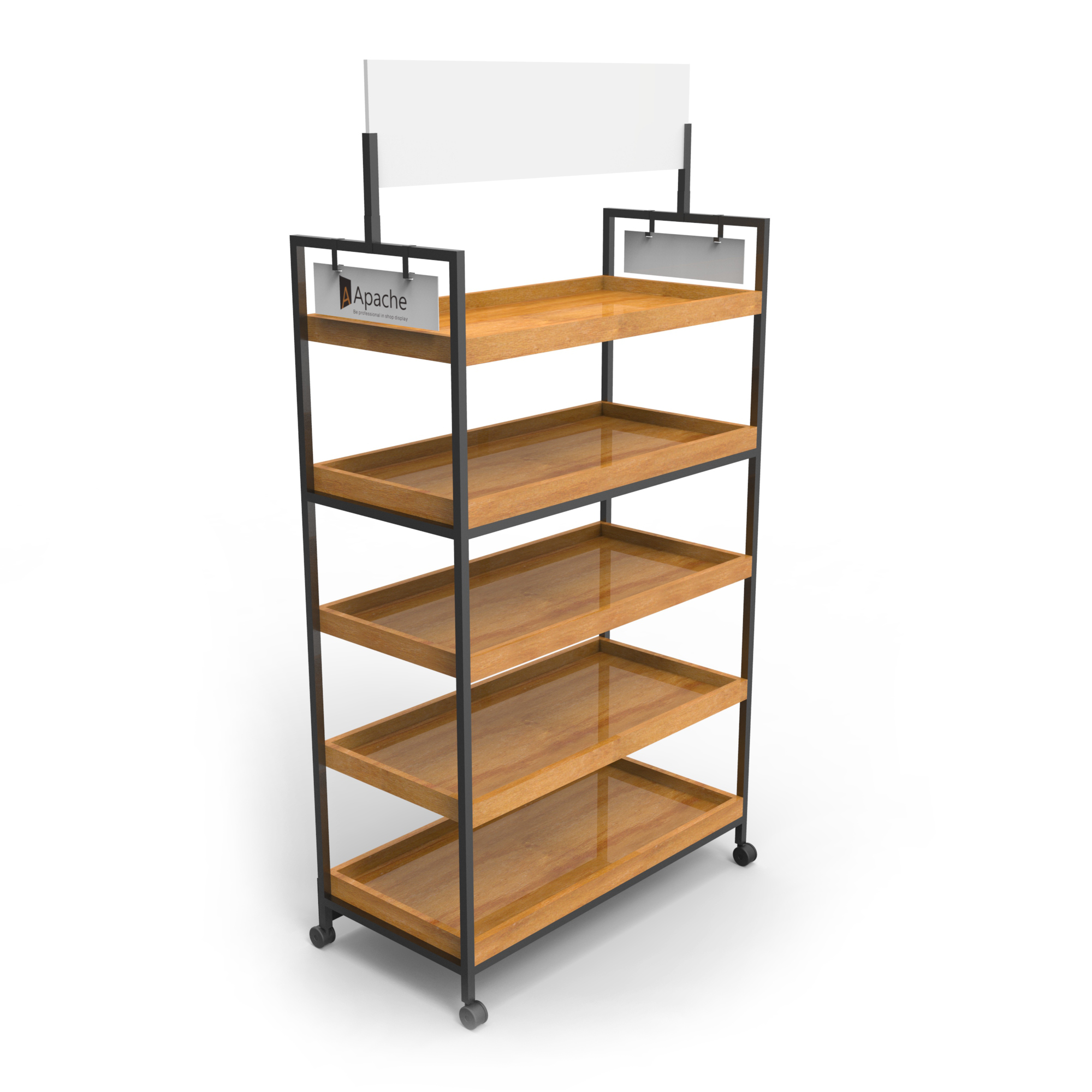 Stores Point Of Sales Displays Wooden Tray Salad Display Stand With Wheels