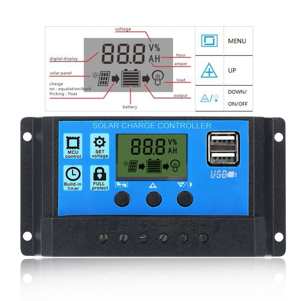 12V 24V 30A 20A 10 Amp PWM Solar Charge Controller 2 USB 5V 2A MCU Control
