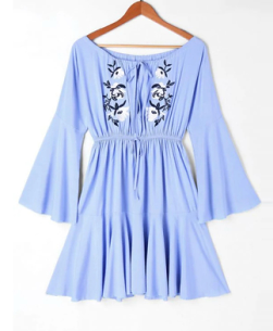 Blue Off Shoulder Mexican Embroidery Beach Casual Dress Women