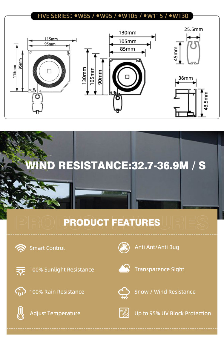Sunshading Motorized Zip Track Outdoor Blinds Windproof Rainproof