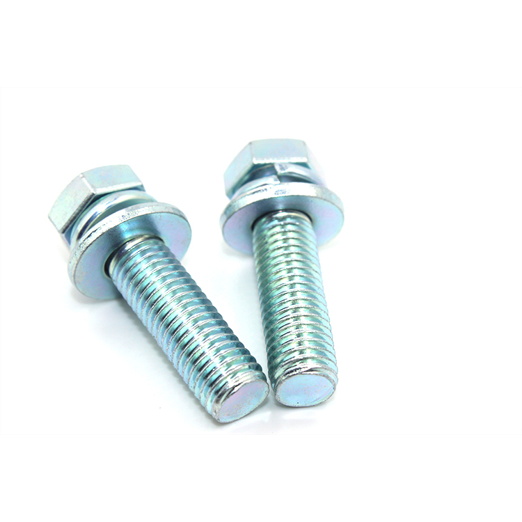 Combination Screw Hex Head Bolt with Single Coil Spring Lock Washer and Plain Washer Assemblies