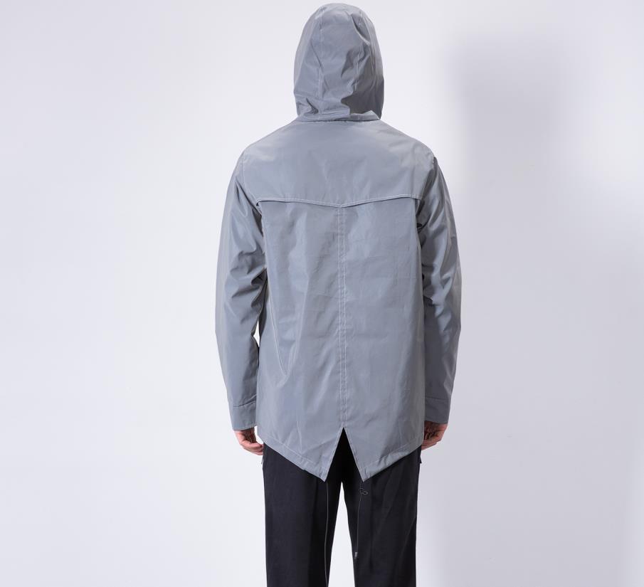 Mid Length Waterproof Mens Reflective Jacket With Hood Long Fishtail Style