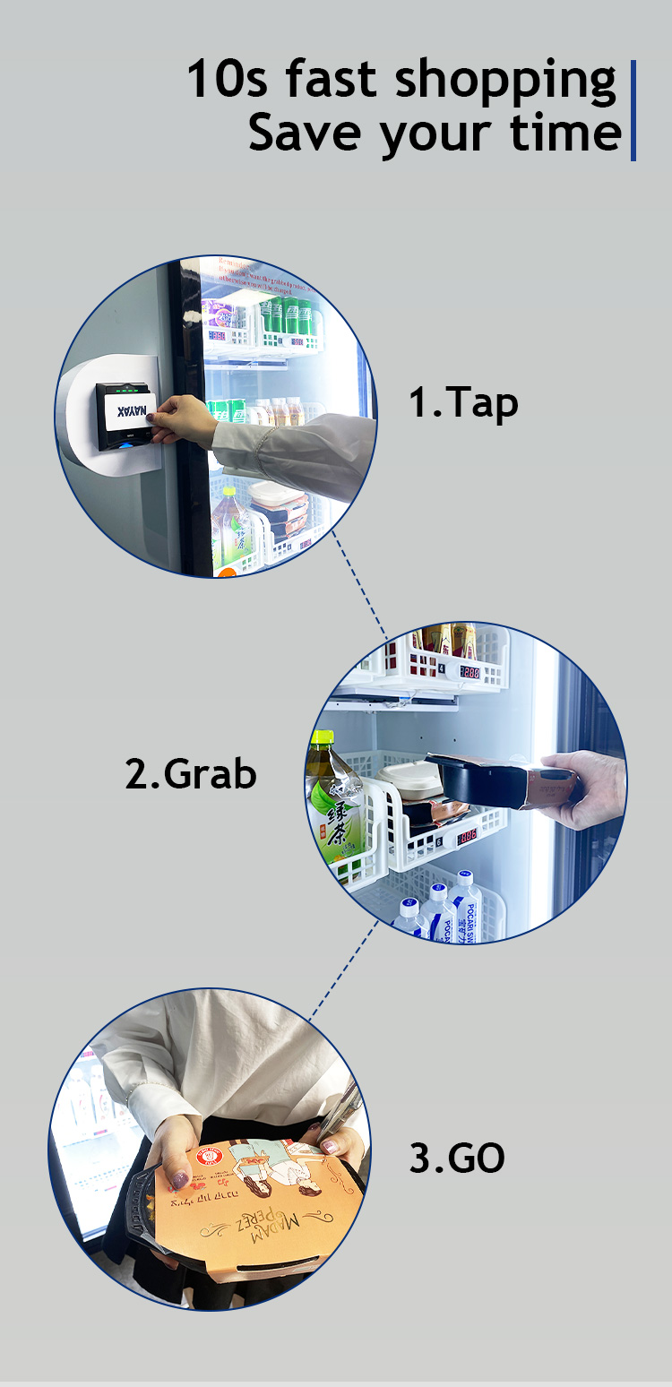 Compare to other traditional vending machine, it only takes 10s to buy a drink from smart fridge, you just need "Grab and go"