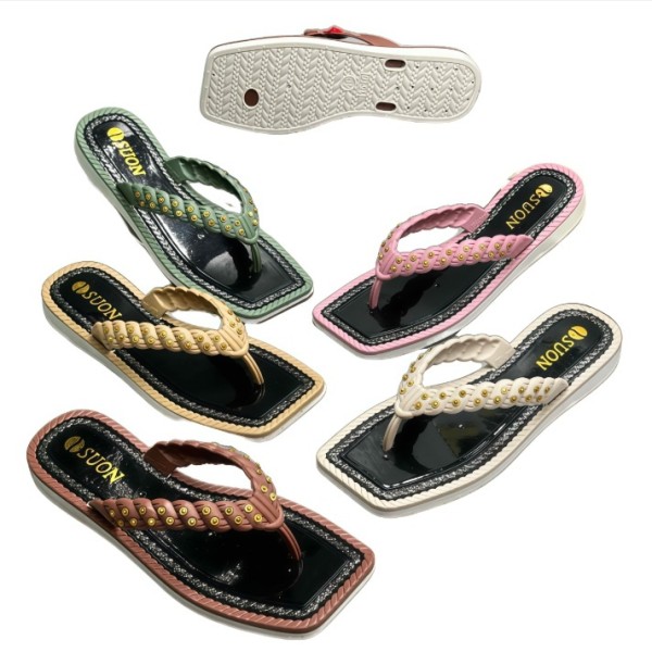 PVC Women Flip Flops with Braided Strap, Gold Rivets and Square Toe Design