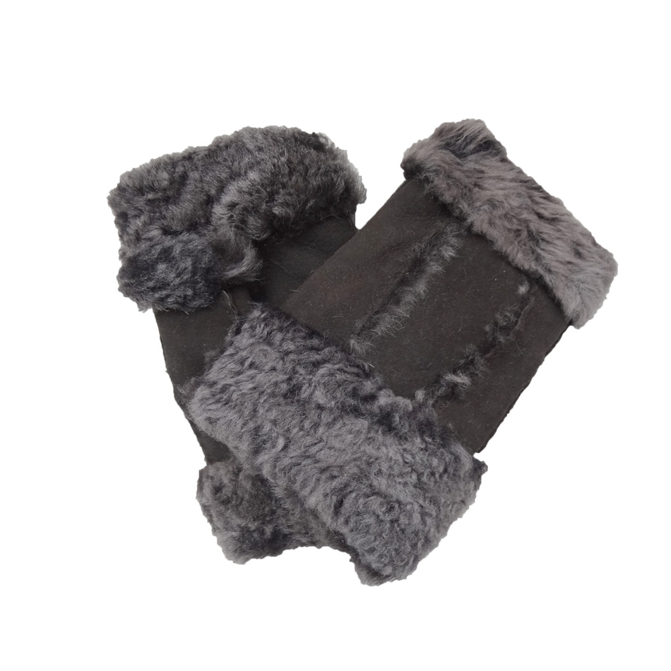 Stock Ladies Lambskin Gloves with Curly Fur Trim Cuff Shealring Sheepskin Fingerless Gloves