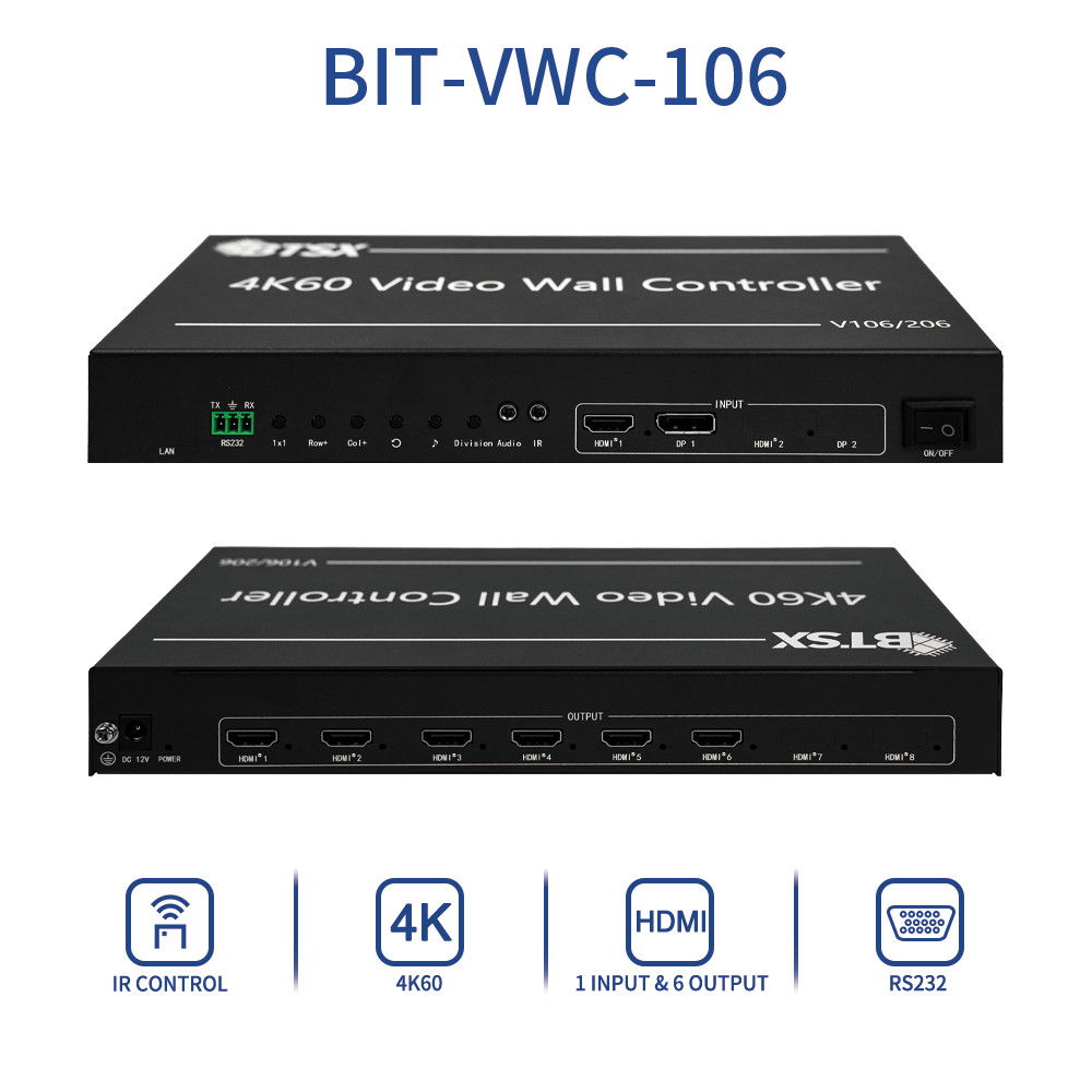 The BIT-VWC-106 is a professional 6-screen video wall processor supporting 3840x2400@60Hz and 5760x2160@30Hz, ideal for command centers, digital signage, and exhibitions.