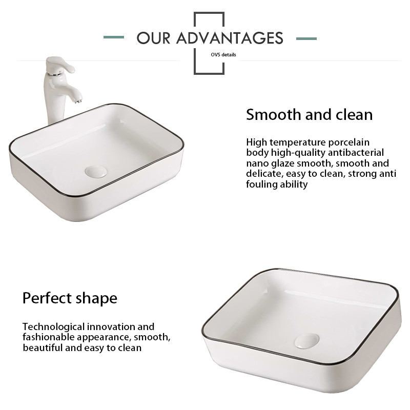 Solid Smooth Counter Top Bathroom Sink Ceramic Easy Maintain Rectangular Wash Basin