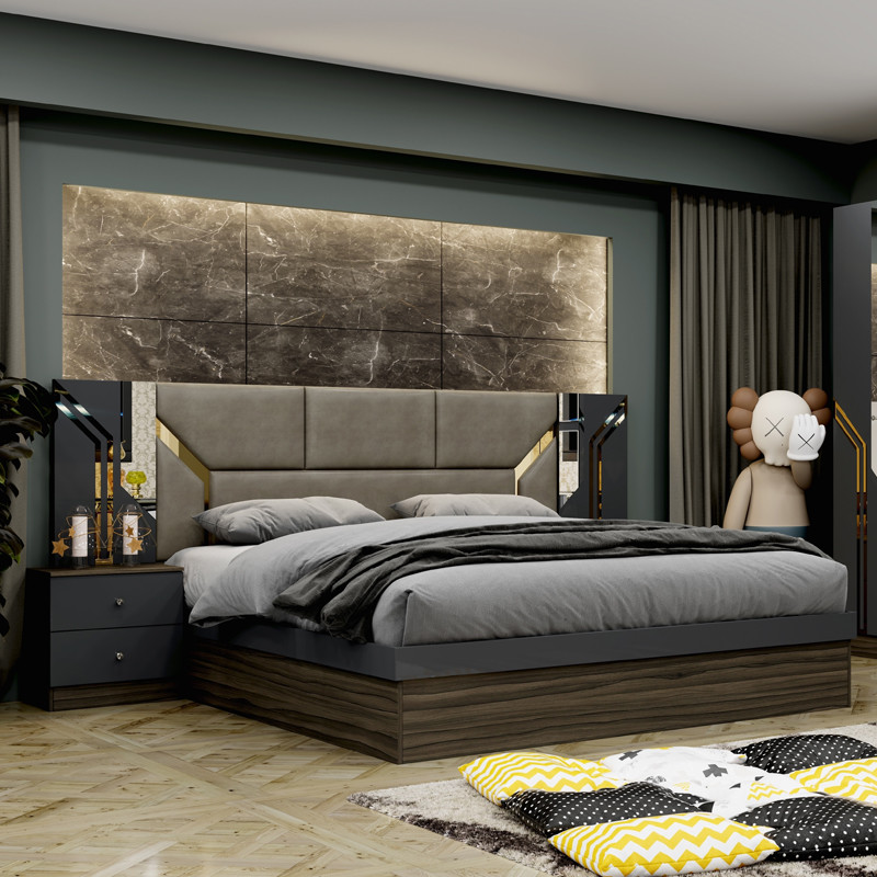 Wholesale Cheap Luxury Wood Frame Double King Size Bed Set Modern Home Turkish Wooden MDF Full Bedroom Sets Furniture