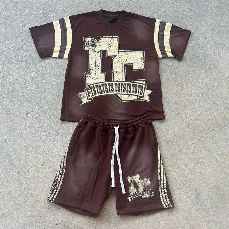 Clothing Manufacturer Custom Streetwear Summer Graphic 100% Cotton Oversized Acid Wash Shorts and t Shirt 2 Piece Set for Men