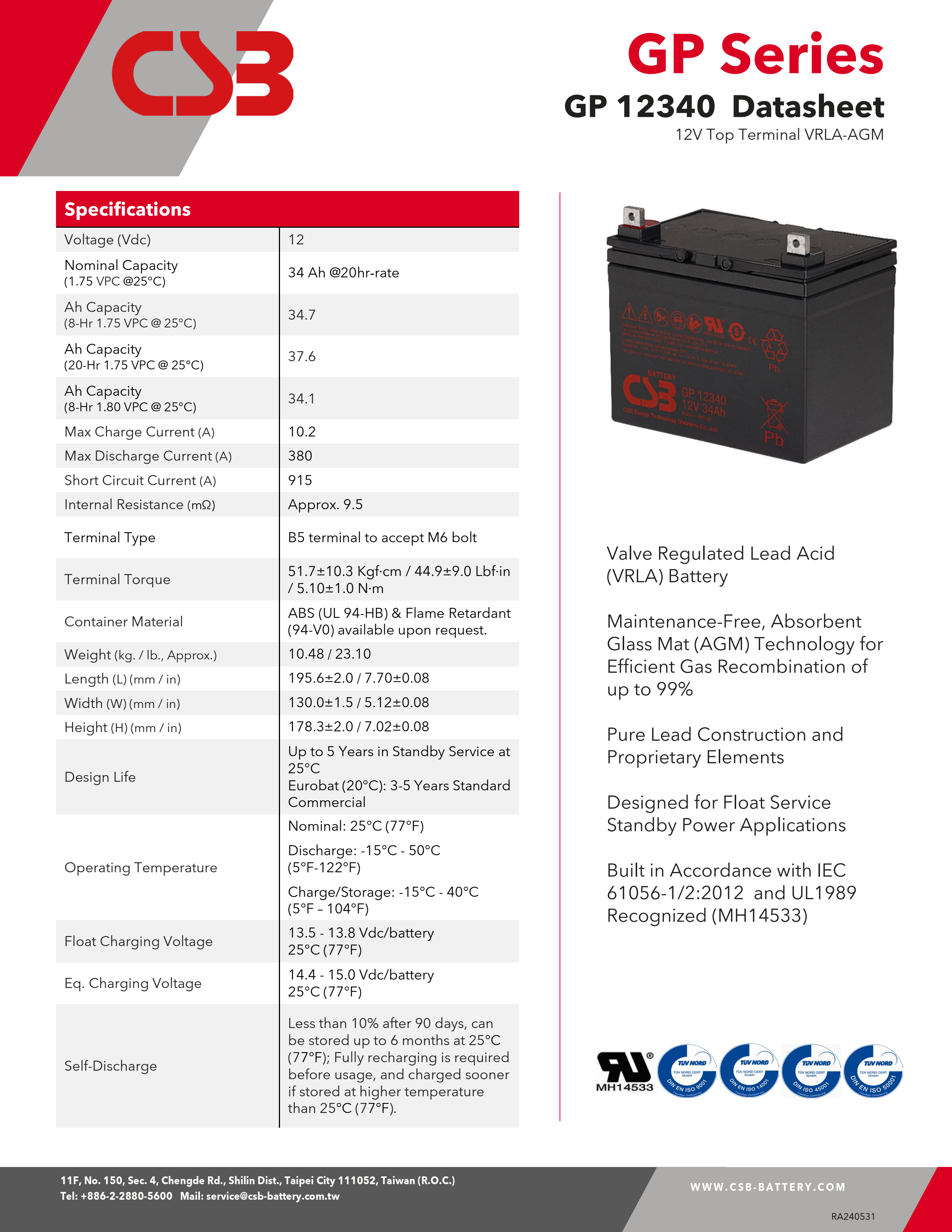 CSB GP12340 12V 34Ah Energy Storage Maintenance Free Rechargeable VRLA CSB Battery