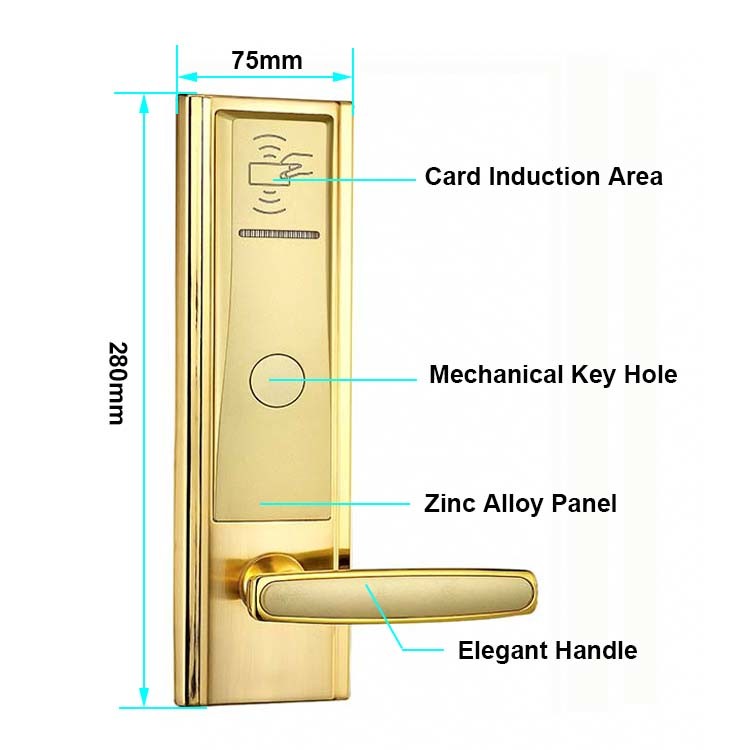 Gold 280mm Keyless Entry Door Lock 6V Guesthouse Rfid Card Door Lock