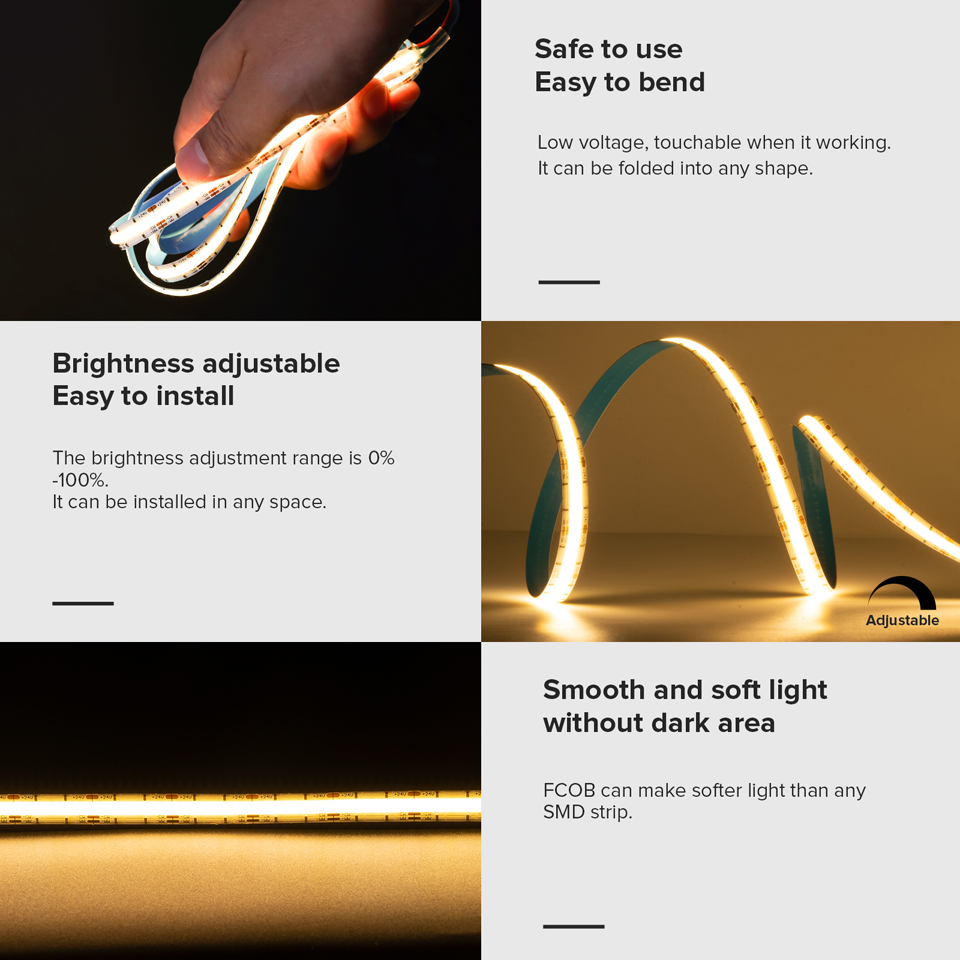 5mm Ultra Slim COB LED Strip 384LEDs/M 12V/24V High Density RA90 3000K Flexible Linear Dimmable Super Thin COB LED Tape