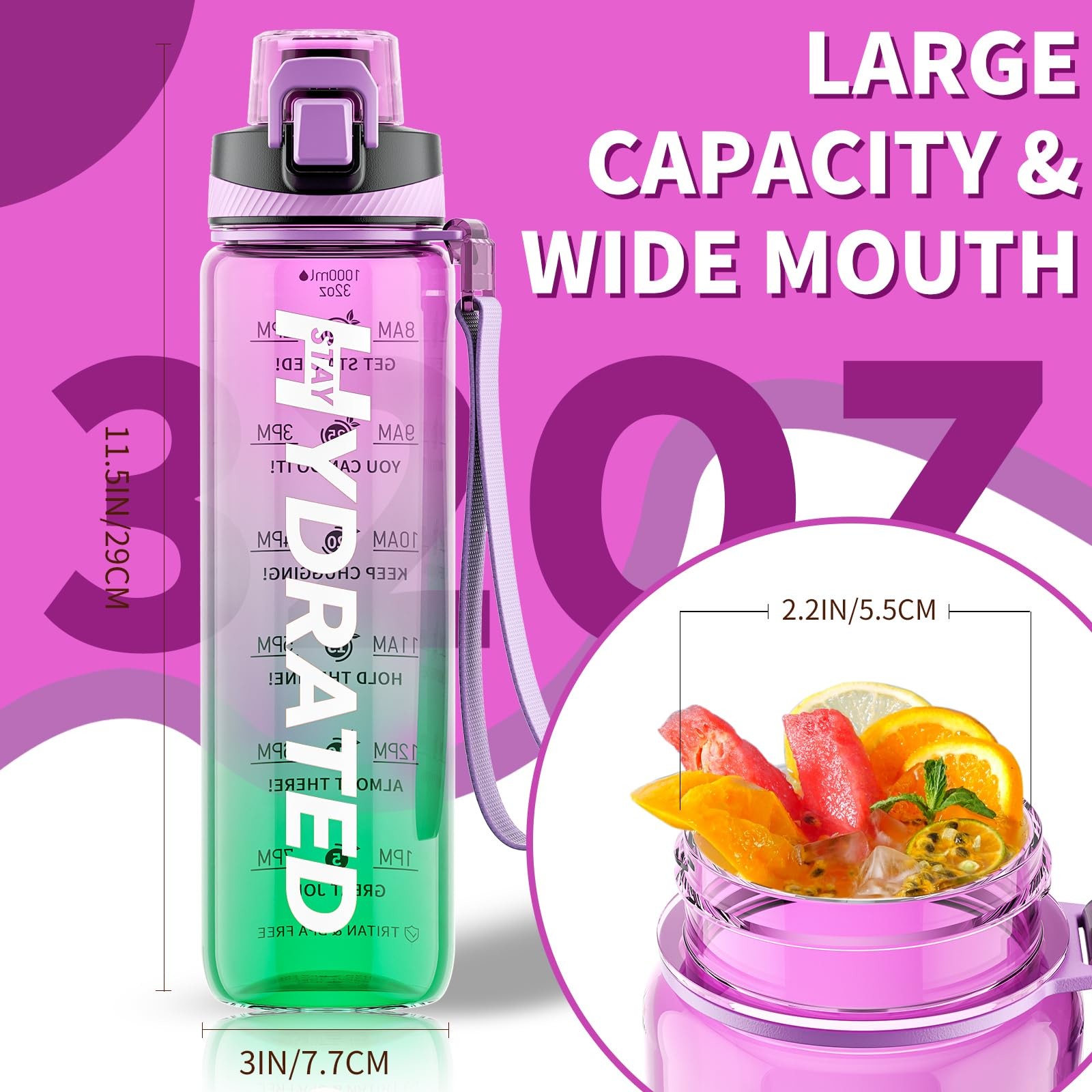 Tritan 32 Oz Motivational Water Bottle BPA Free 550/750/1000ML Sports Time Track Water Bottle Wide Mouth Leakproof Fashion As Gift For Christmas