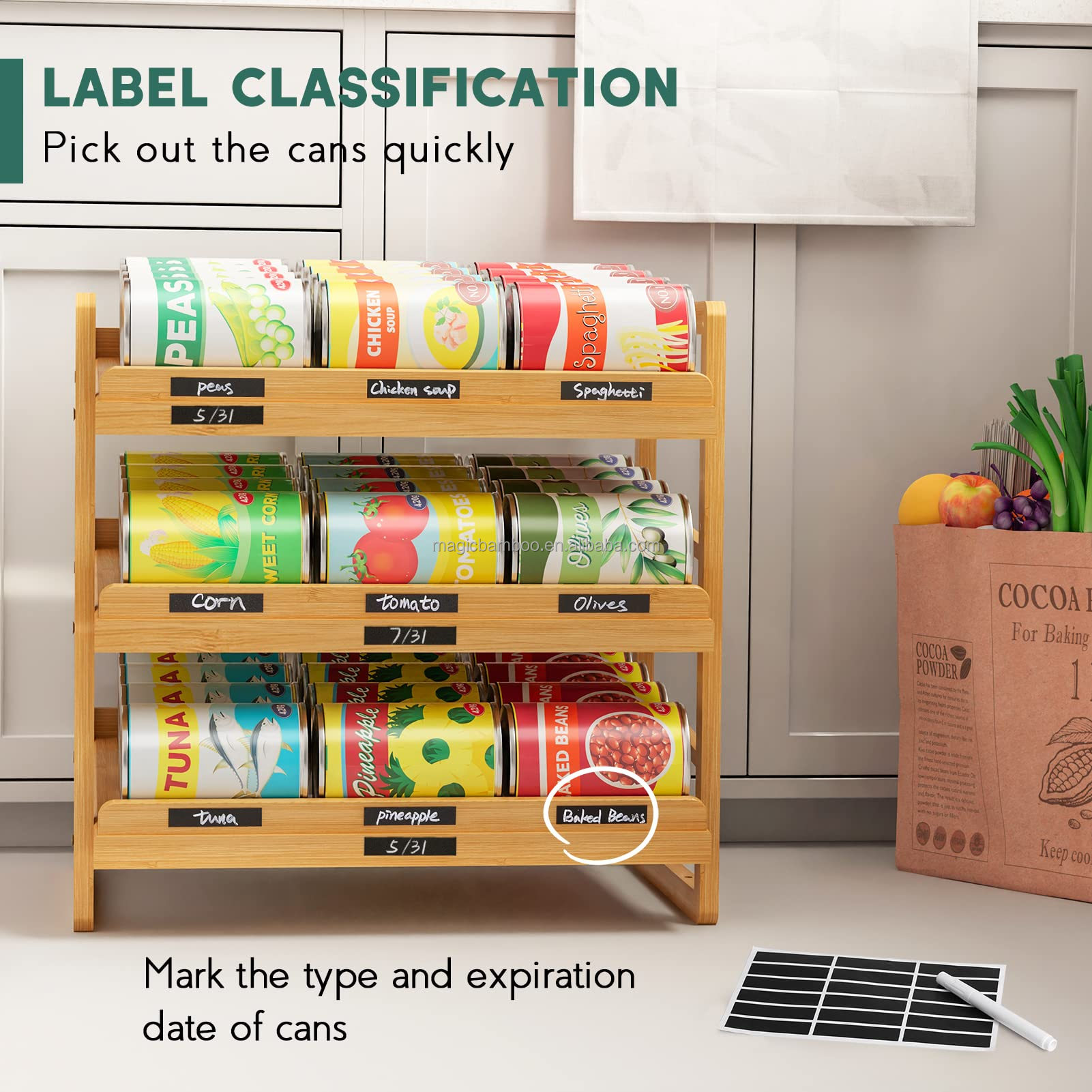 Food 3 Tier Stackable Bamboo Can Holder Storage Organizer with Sustainable Label Sticker