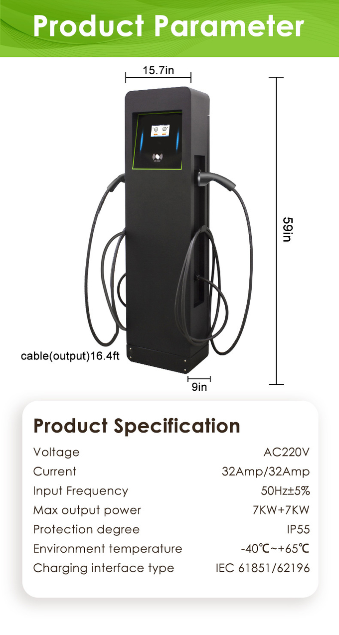 Commercial double gun ev charger Type 2 14kw 32A one phase OEM ODM public ev charger station