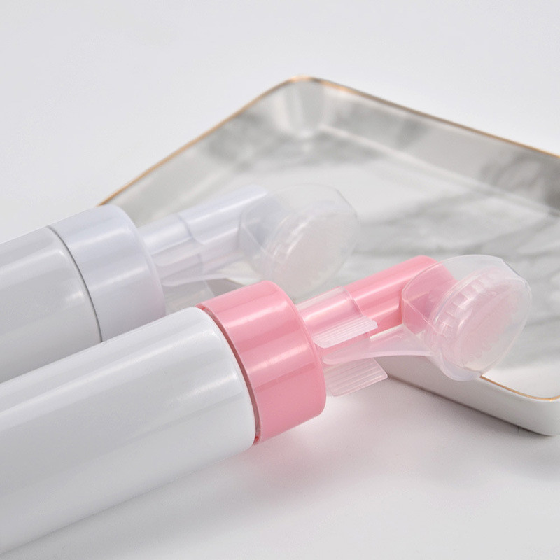 White Empty Foaming Face Wash Bottle With Brush Silicone Cleansing Massage Facial Pump Bottle