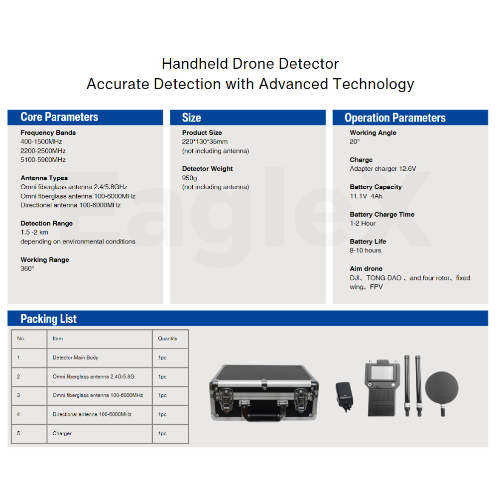 Handheld 3000 Meters FPV DJI Drone Detector 400MHz 2.4GHz 5.2G 5.8G Portable Detection